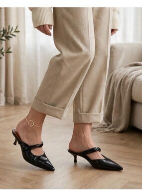 JDYS.W Black Pointed Toe Twisted Strap Kitten‎ Heel Mules Size 39 Womens Shoes